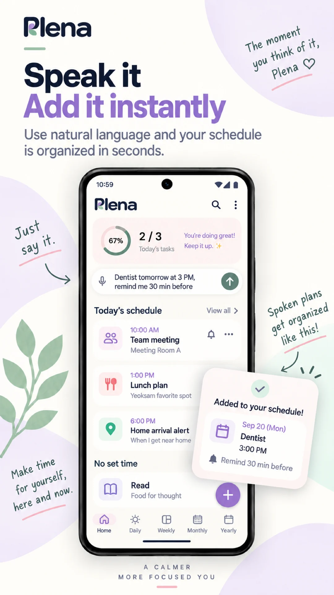 Plena promotional image showing natural-language entry and today's schedule